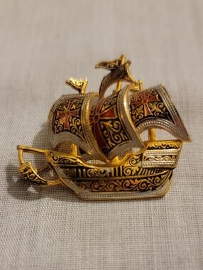Vintage Damascene Galleon Sailing Ship Brooch Pin Signed SPAIN